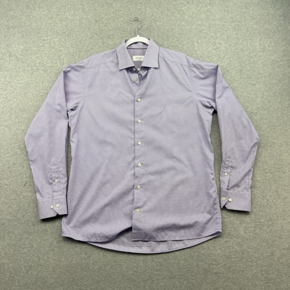 ETON Contemporary Fit Shirt Mens Size 16 41 Purple Gingham Check Button Up Dress